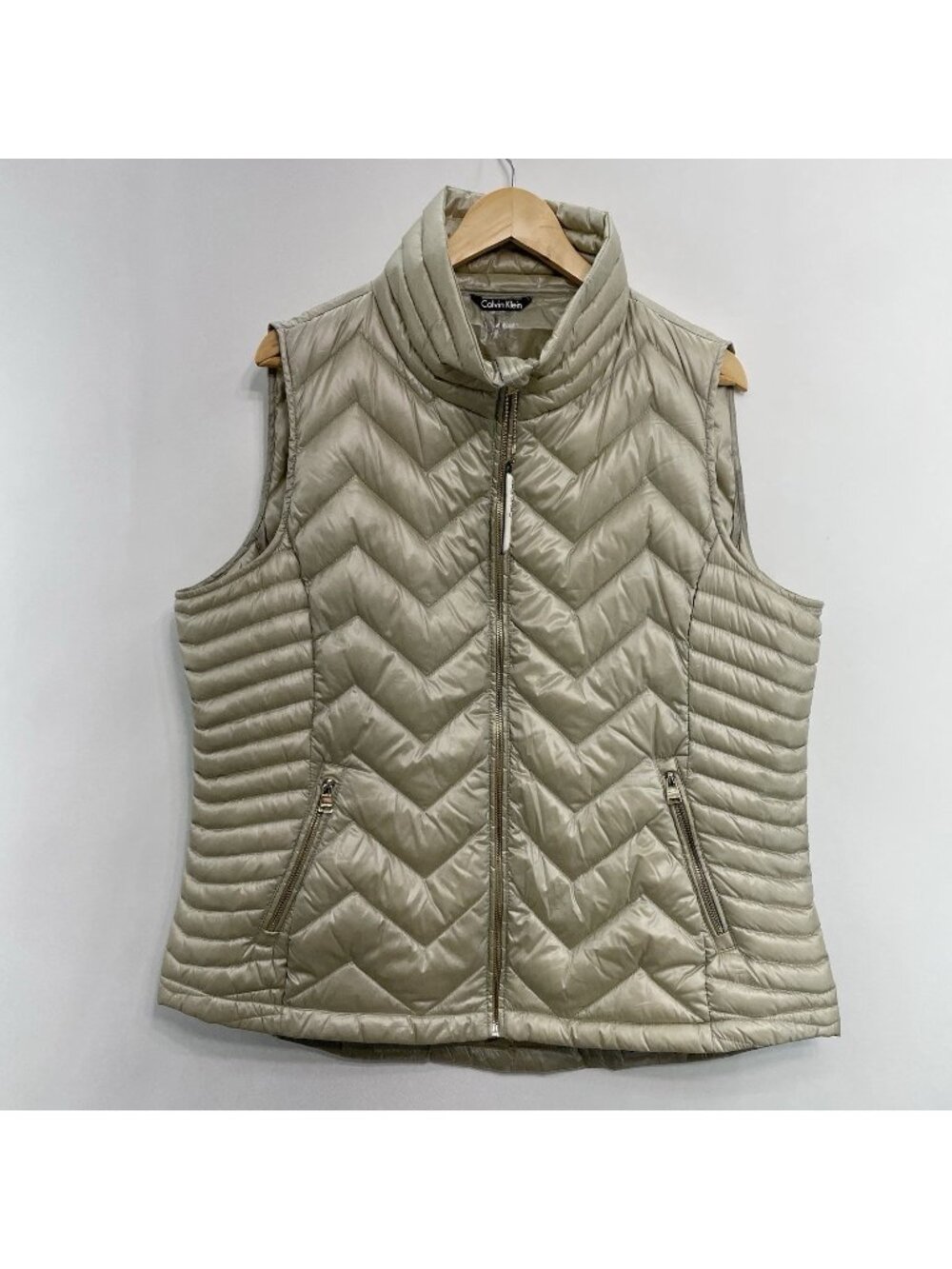 Calvin Klein Down Puffer Vest Full Zip Pockets Beige Womens XXL